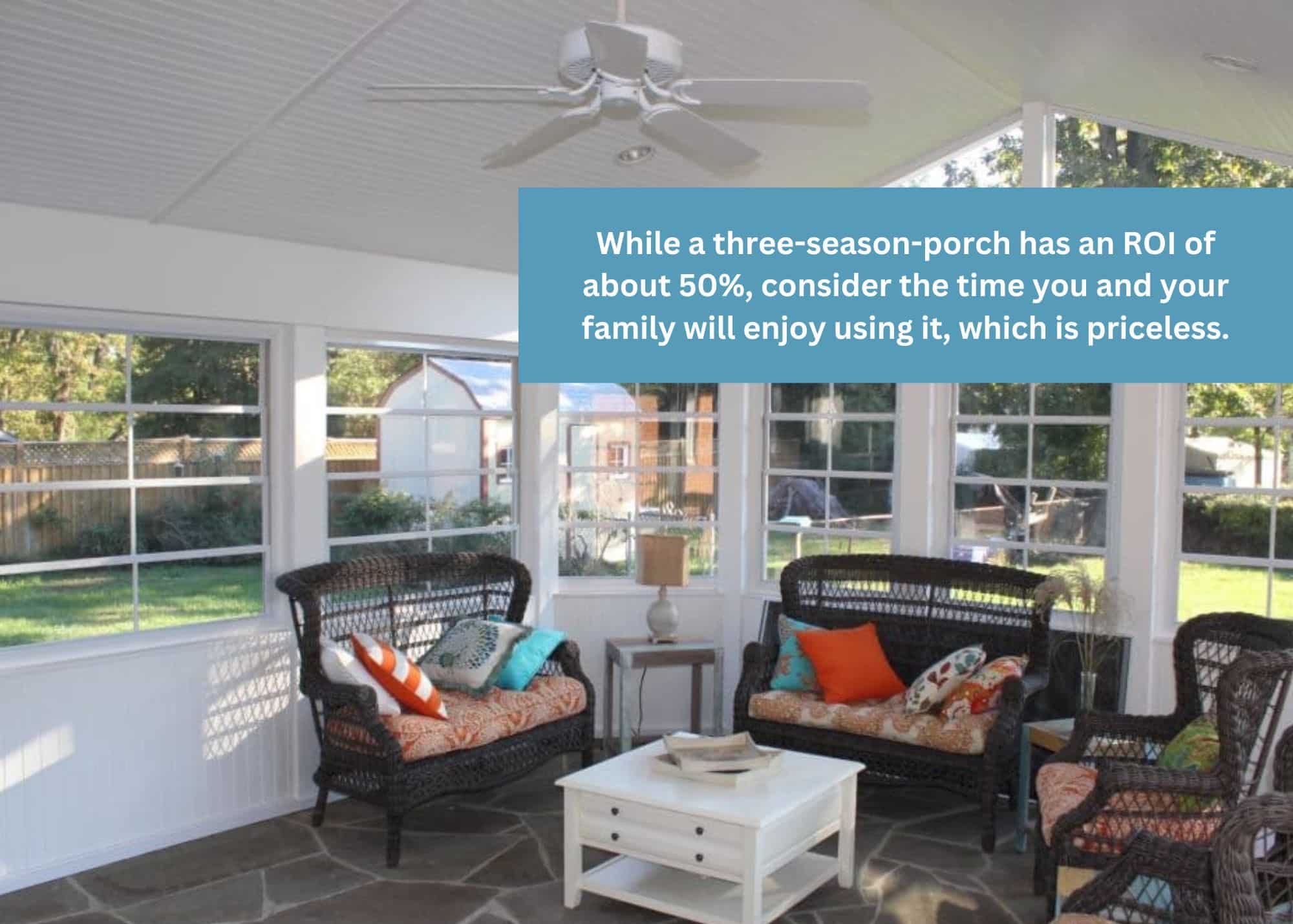 A three-seasons porch with windwos and tile floor. The time spent with your family in a three-season porch has a priceless ROI.