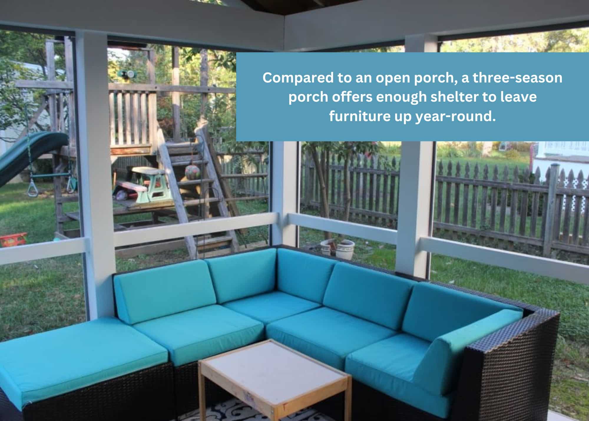 A three-seasons room the shows the backyard through the screen. Compared to an open porch, a three-season porch offers enough shelter to leave furniture up year-round.