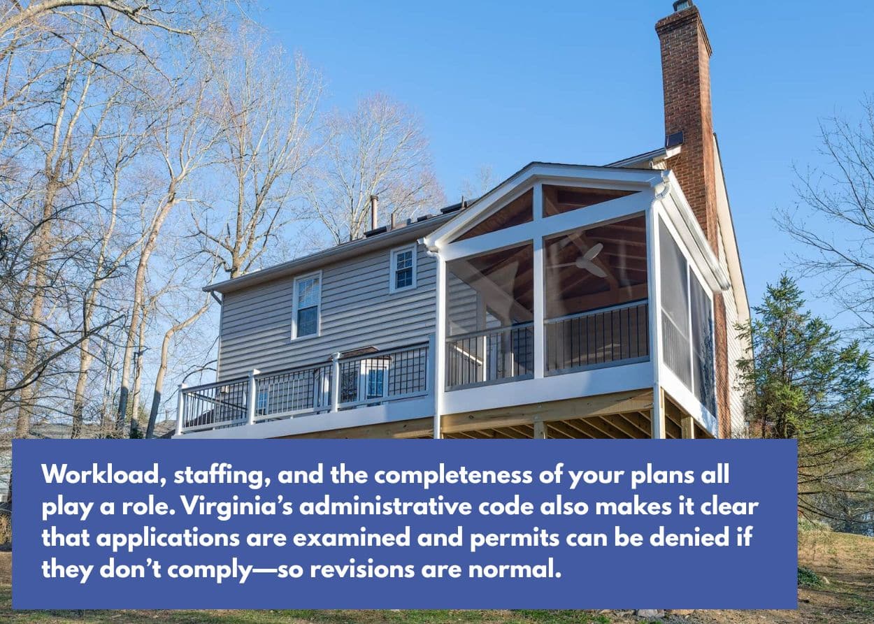 Two-story home with a newly built sunroom addition illustrating the typical timeframe for sunroom permits in Virginia. Caption: Workload, staffing, and the completeness of your plans all play a role. Virginia’s administrative code also makes it clear that applications are examined and permits can be denied if they don’t comply—so revisions are normal.