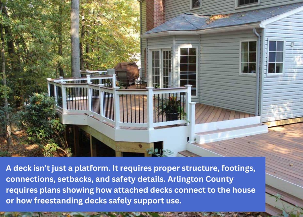 Elevated backyard deck with white railing attached to a home in a wooded setting.