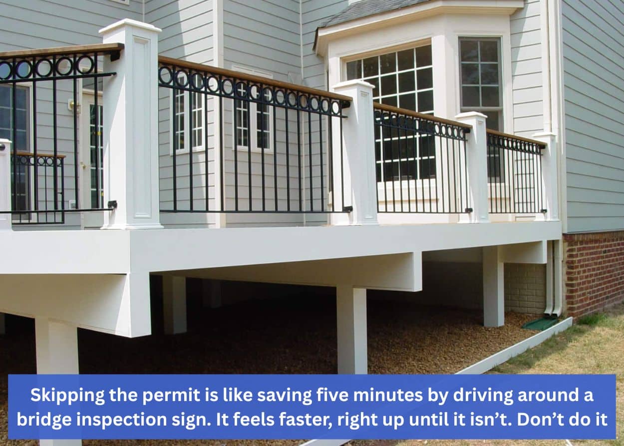 Elevated composite deck with white framing, black railing, and open under-deck space requiring permits and inspections