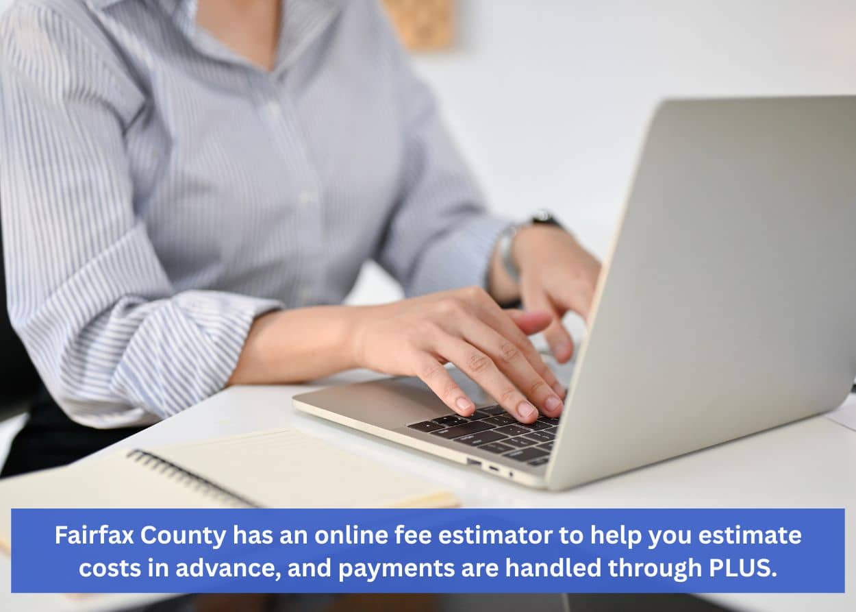 Homeowner using a laptop to complete online deck permit forms and estimate permit fees in Fairfax County